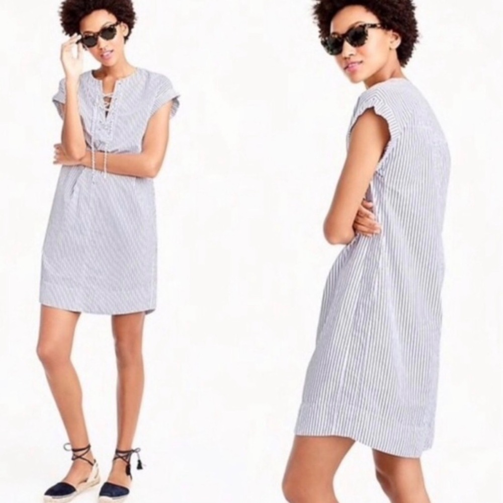 J. Crew Blue and White Striped  lace up shirt Mini Dress